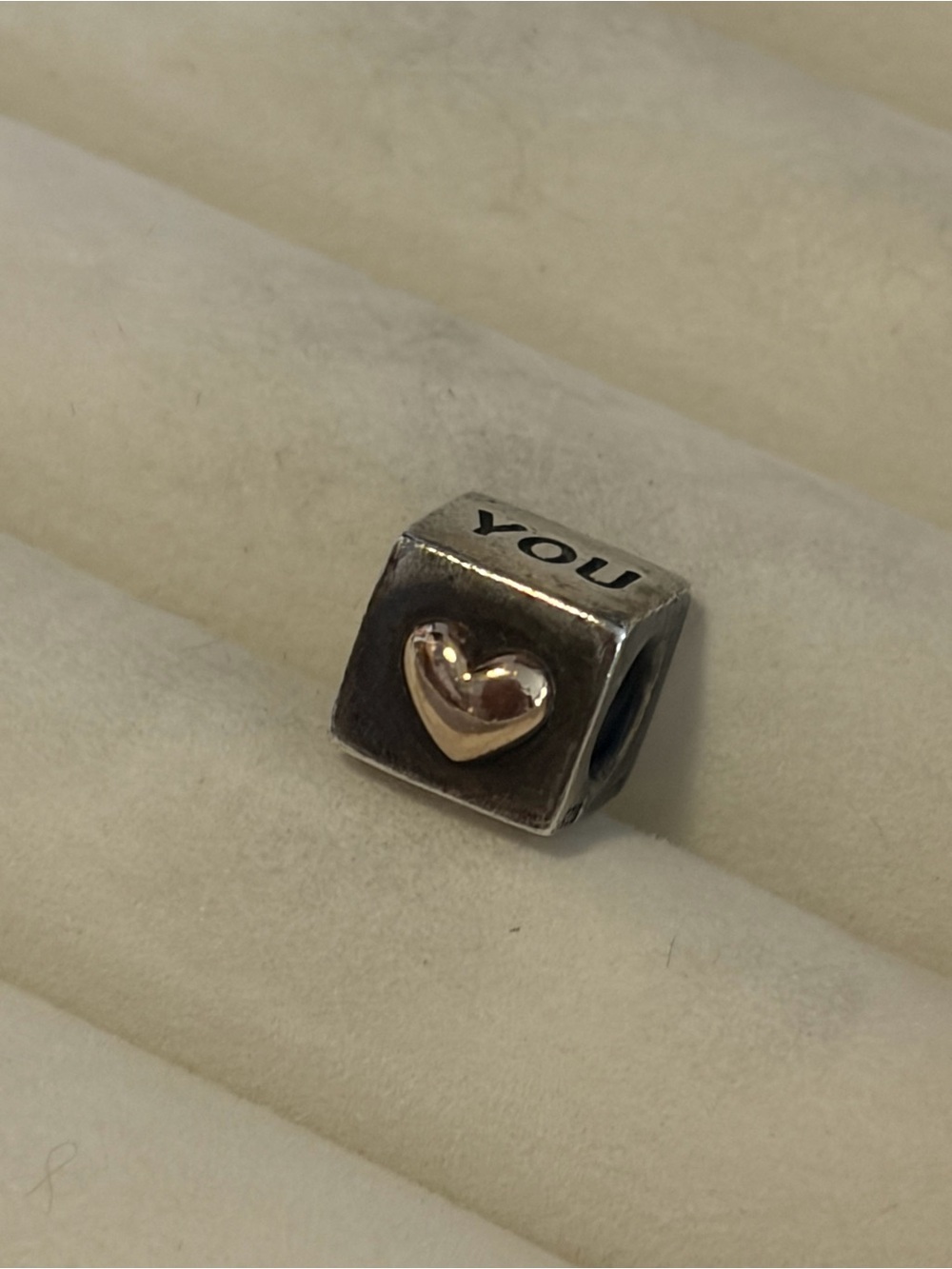 Retired Pandora I Love You" cube charm (Item #790200) silver& 14k gold